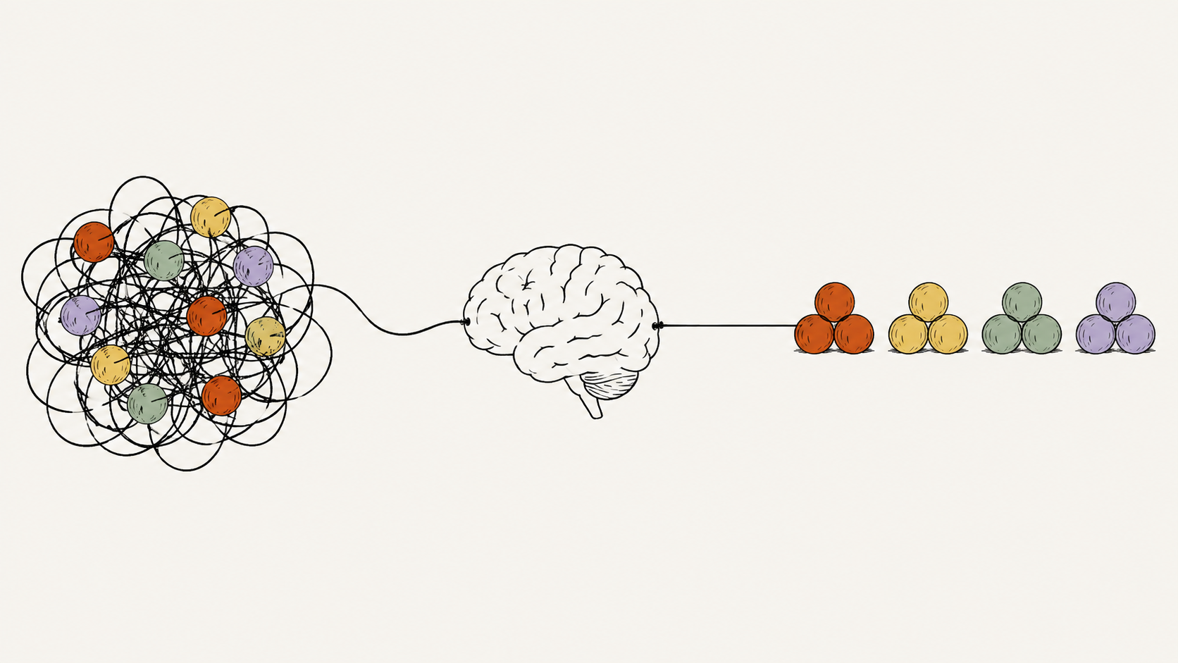 Tangled coloured thoughts become four organised groups after passing through a brain.